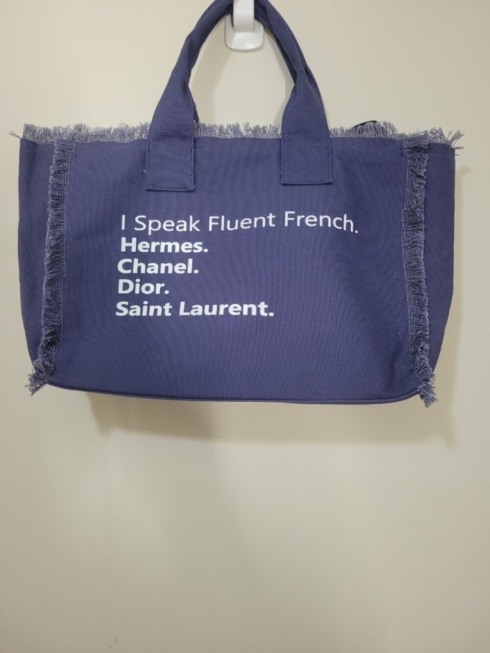 CLR “I Speak Fluent French” Navy Canvas Fringe Tote Bag